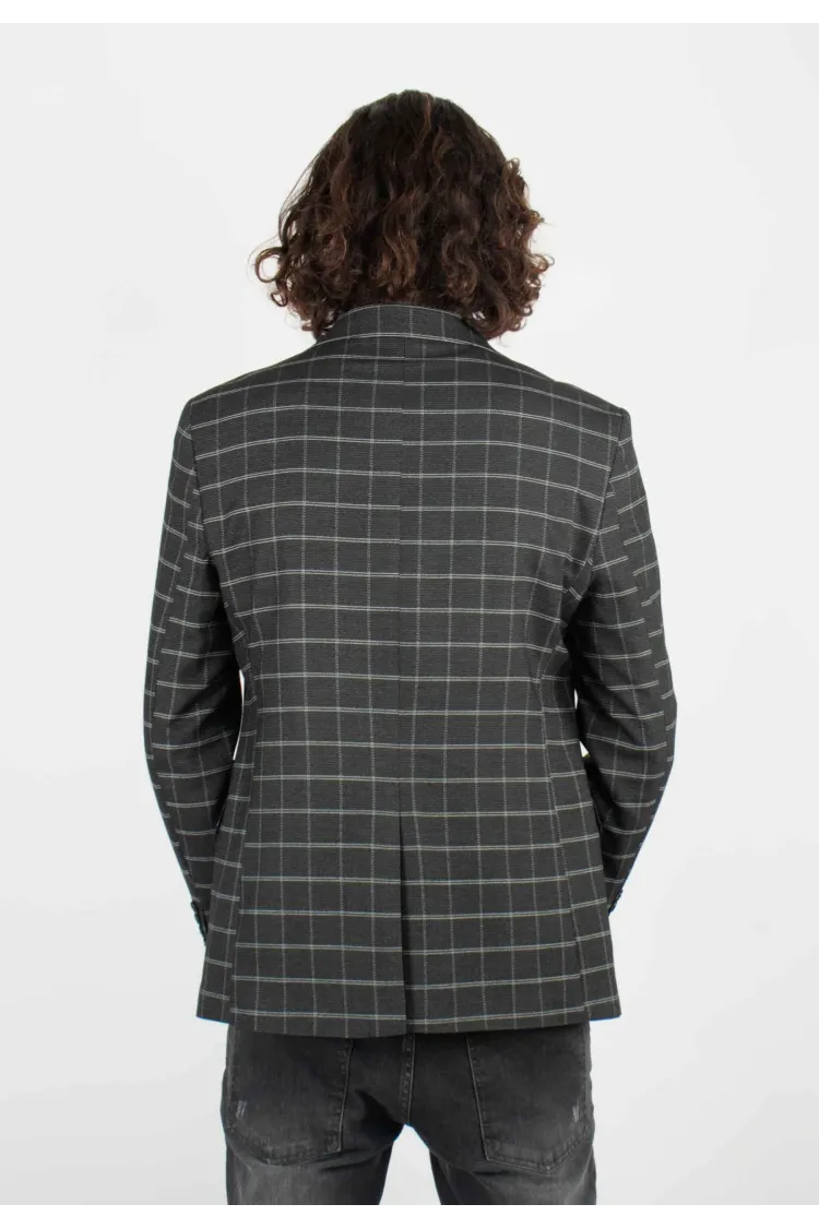 Veste de costume anthracite à carreaux avec poches latérales, style élégant et intemporel