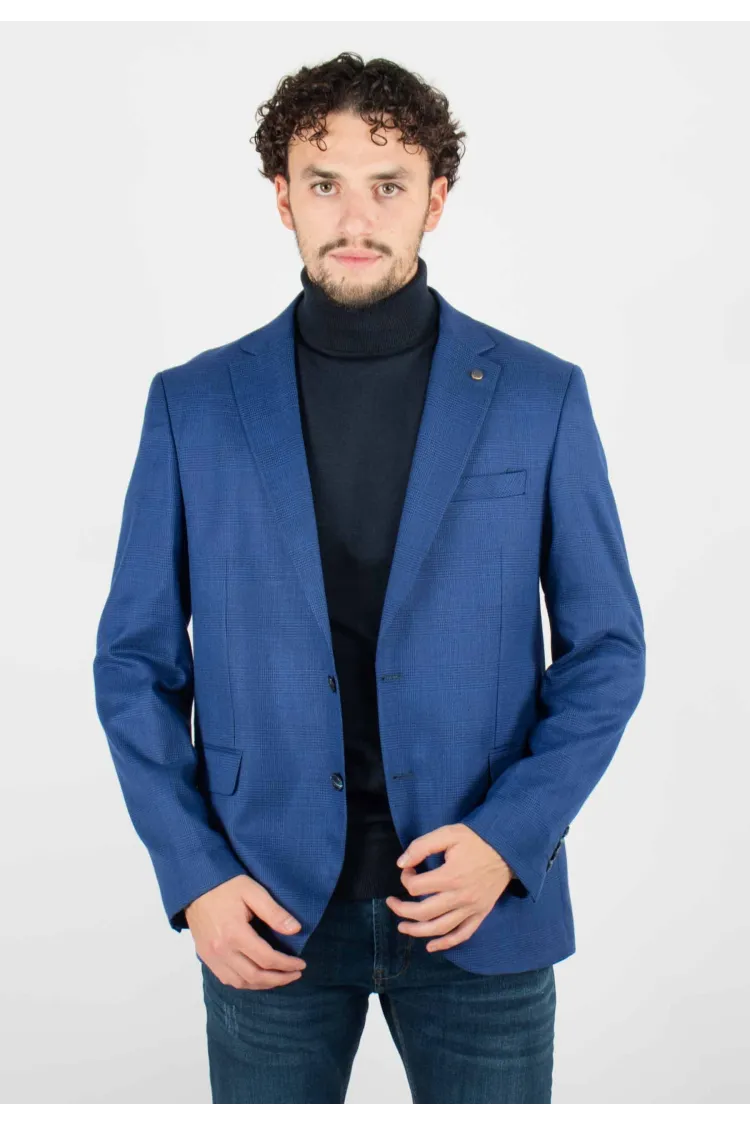 Veste de costume bleu royal à carreaux blancs discrets, chic et moderne