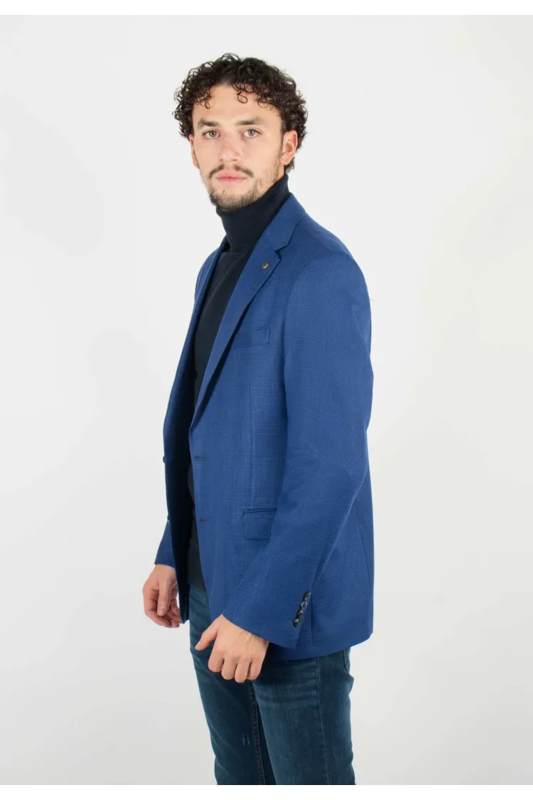 Veste de costume bleu royal à carreaux blancs discrets, chic et moderne