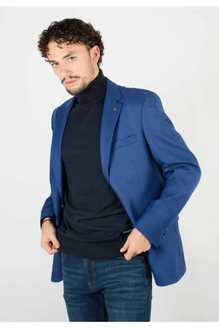 Veste de costume bleu royal à carreaux blancs discrets, chic et moderne