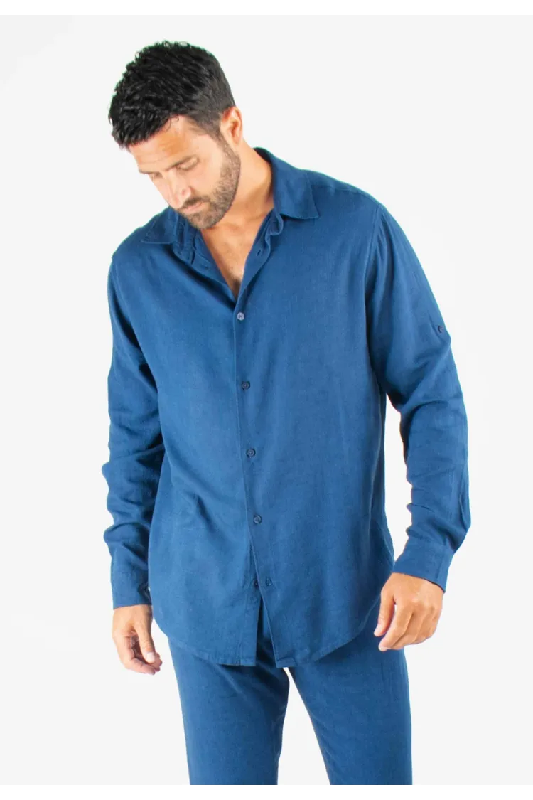 Chemise Homme Mélange Viscose et Lin - Bleu marine