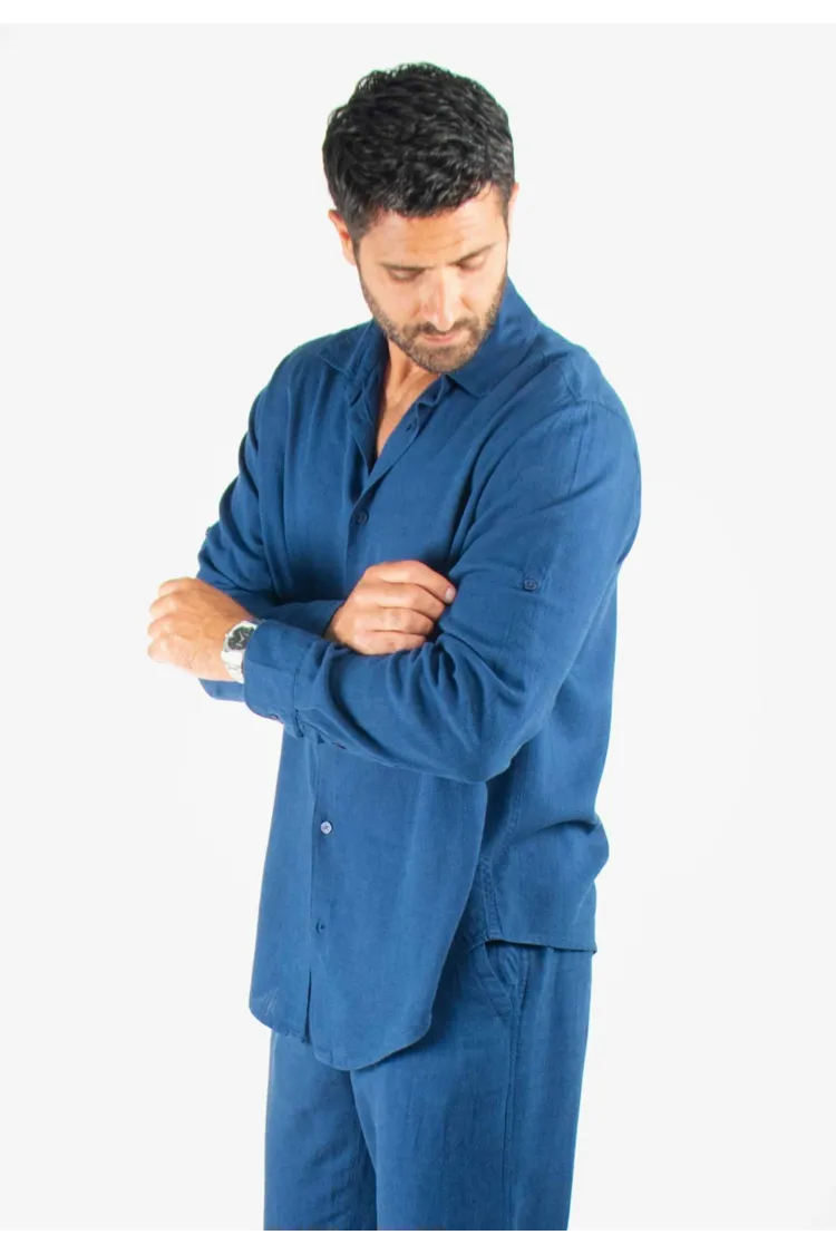 Chemise Homme Mélange Viscose et Lin - Bleu marine