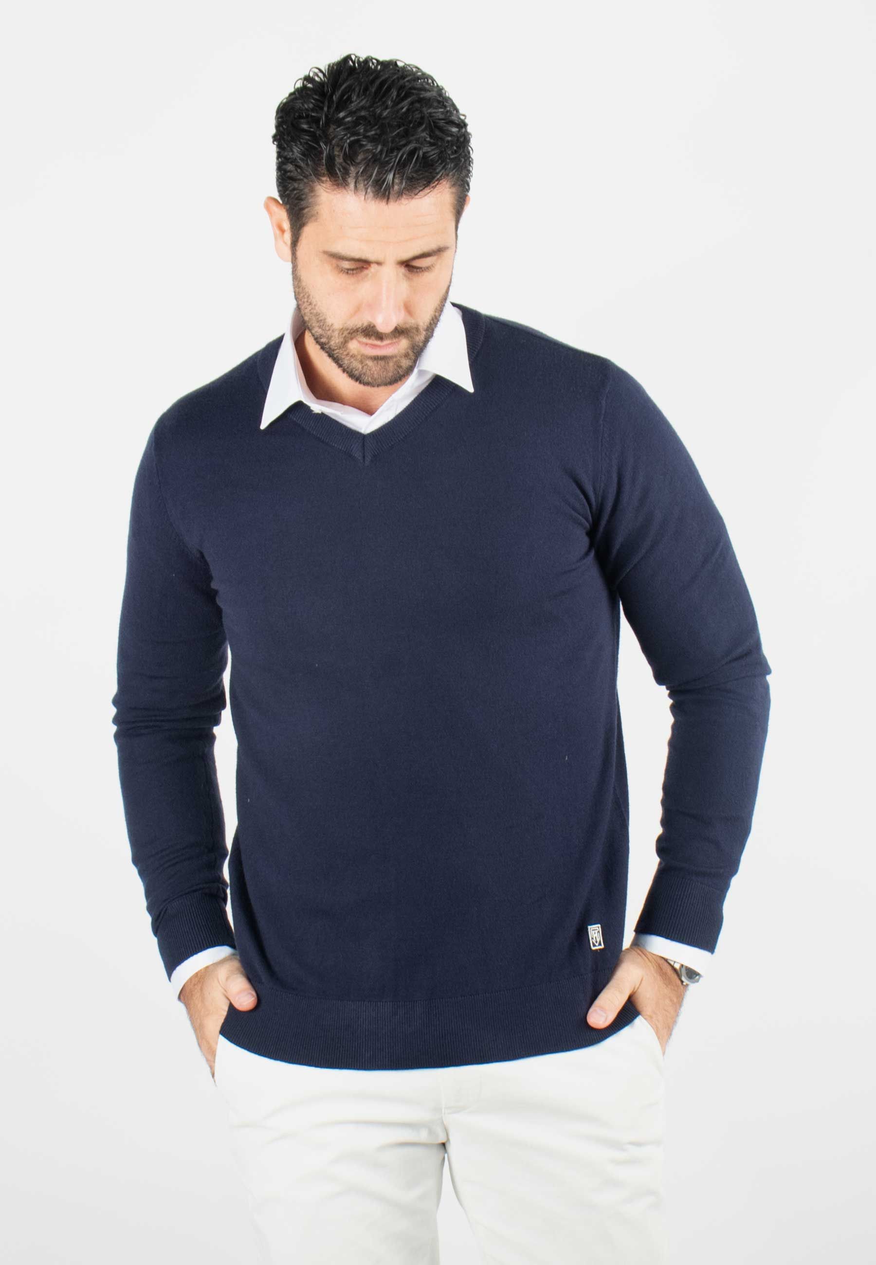 Pull homme col v navy - Touché cachemire