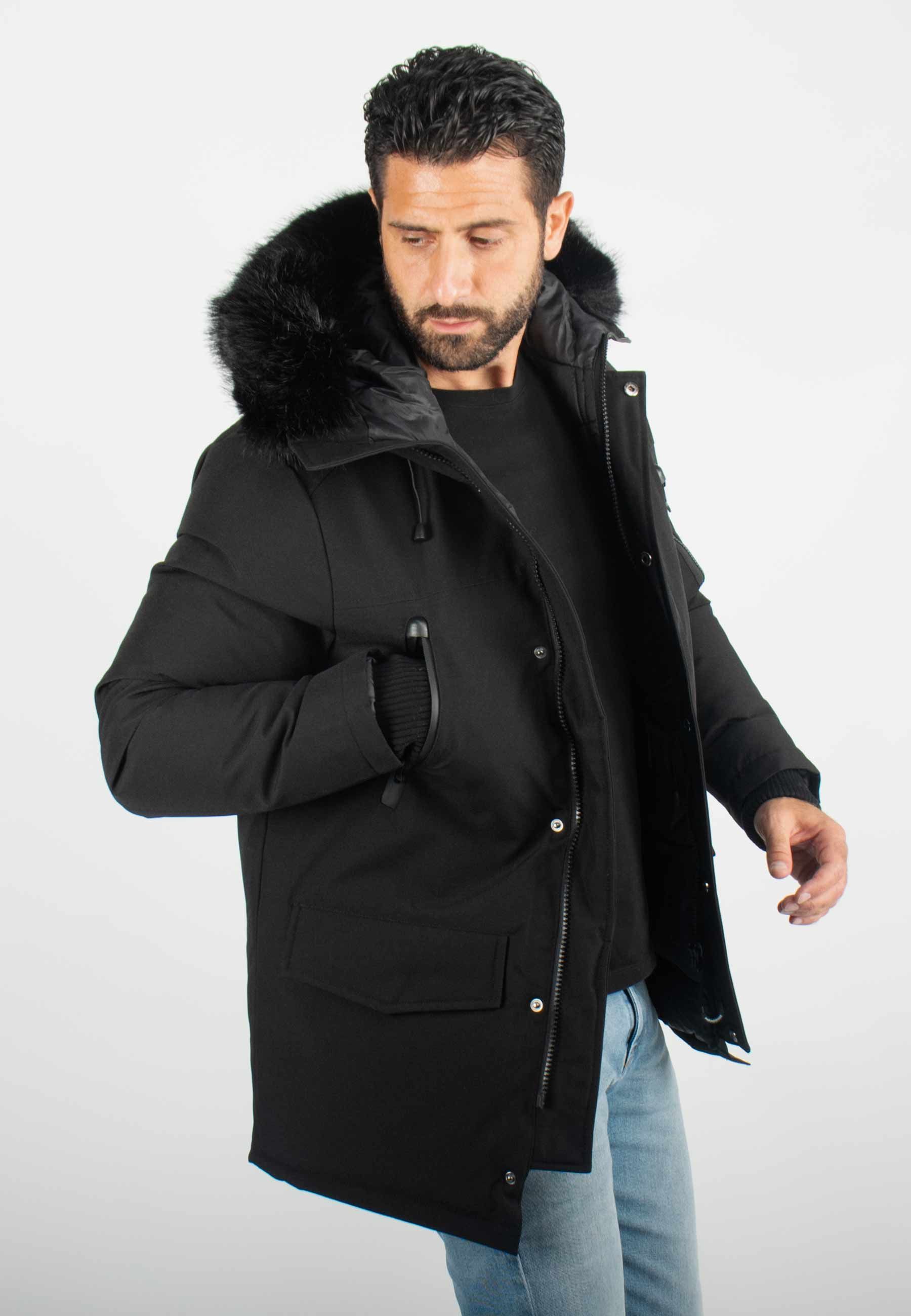 Capuche Veste Fourrure Noire Col Fourrure Veste Noir Homme Hiver